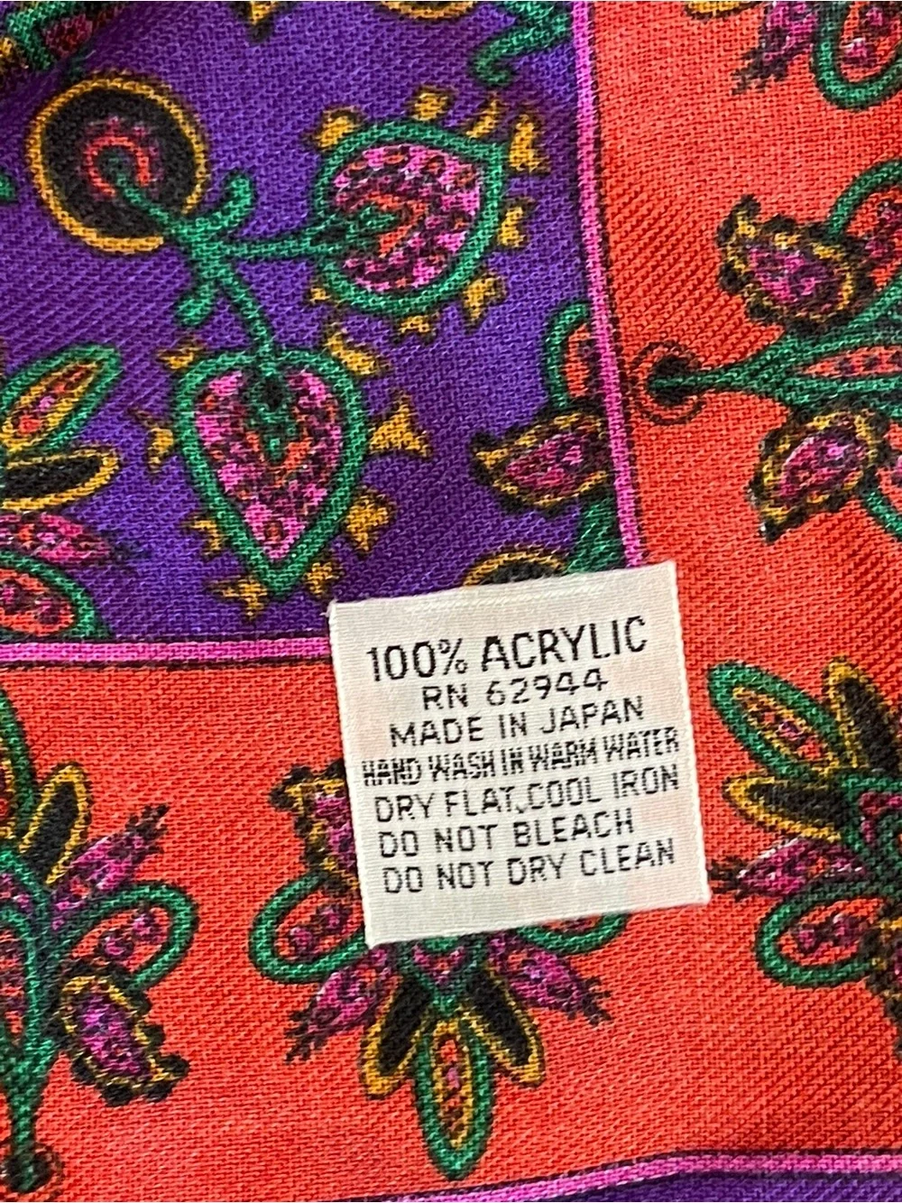 Vintage Purple & Red Paisley Boho Fringe Square Scarf Retro Statement Wrap Japan